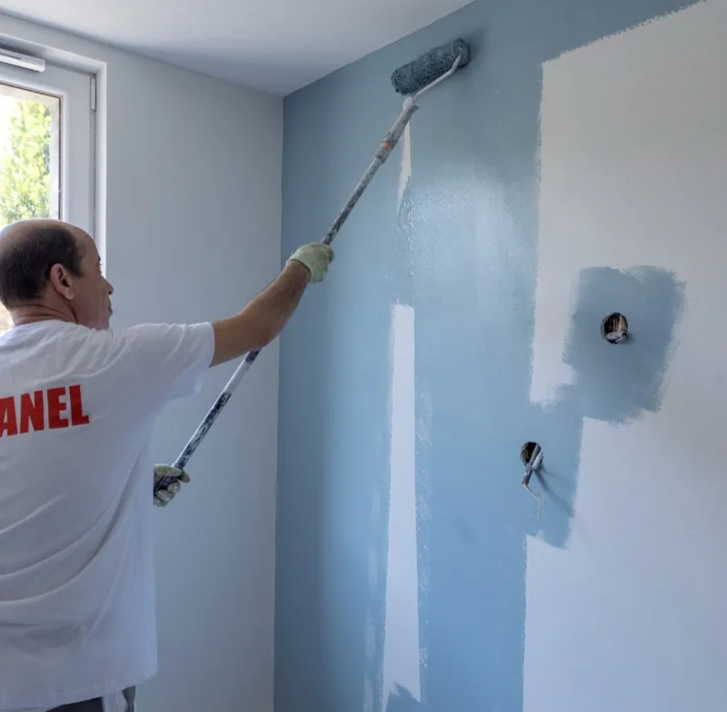 Peintre en bâtiment préparant et peignant un mur intérieur